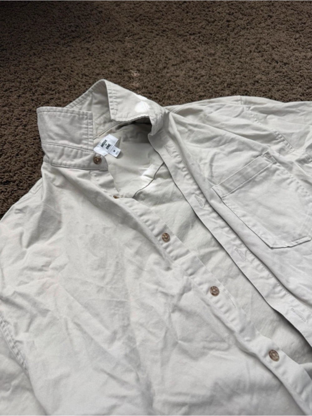 Mode of One Men's Beige Solid Button-Up Shirt Long Sleeve Pocket Size M